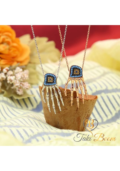 Renkli Taşlı Nazar Boncuklu El Iskeleti Gümüş Kolye