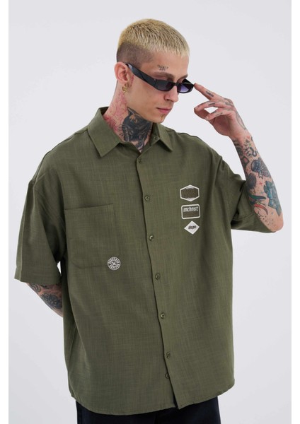 Erkek Basic Nakışlı Oversize Haki Gömlek