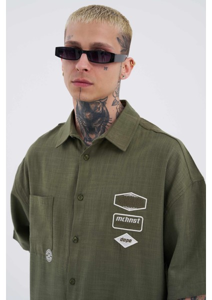 Erkek Basic Nakışlı Oversize Haki Gömlek