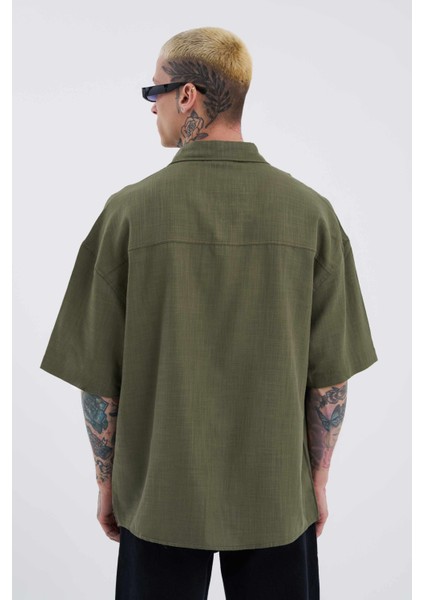 Erkek Basic Nakışlı Oversize Haki Gömlek