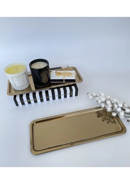 Dikdörtgen Gold Altın Renk Kahve Pasta Servis Sunum Tepsisi 1 Adet 33 X 13 Cm