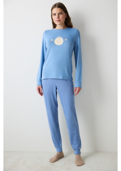 Cute Bear Açık Gri Pantolon Pijama Takımı