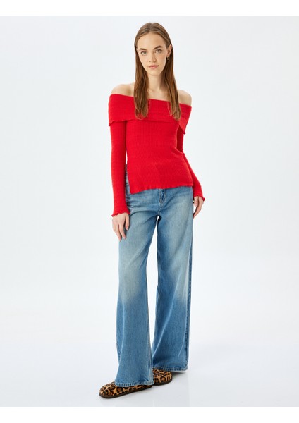 Madonna Yaka Uzun Kollu Yırtmaç Detaylı Tişört