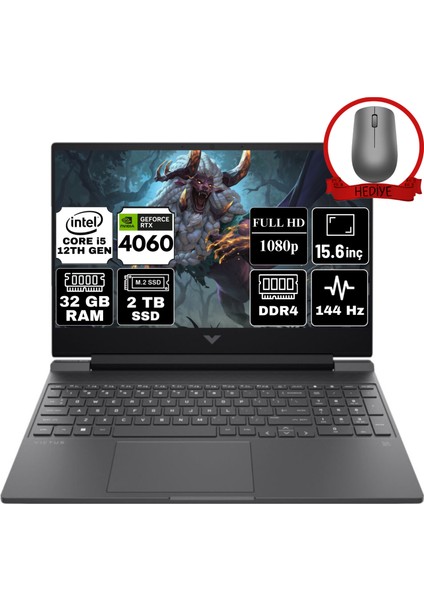 Hp Victus Gaming 15 Intel Core I5 12500H 32GB 2tb SSD RTX4060/8GB W11H 15.6" Taşınabilir Bilgisayar B03C7EA-A35 & Anzar Mouse