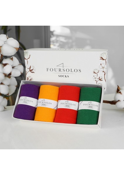 Foursolos Kadın Pamuk Soket, 4'lü Kutu Çorap Yeşil, Mor, Sarı, Kırmızı fiyatları