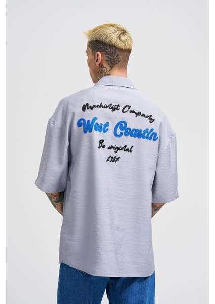 Erkek Naskışlı Basic Oversize Gri Gömlek
