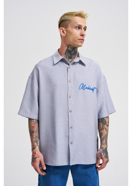 Erkek Naskışlı Basic Oversize Gri Gömlek