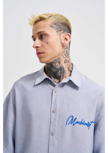 Erkek Naskışlı Basic Oversize Gri Gömlek