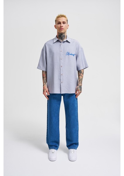 Erkek Naskışlı Basic Oversize Gri Gömlek