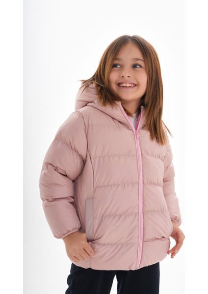 Kız Çocuk Pembe Dolumlu Iç Polarlı Kapüşonlu Kışlık Şişme Çocuk Mont Kaban