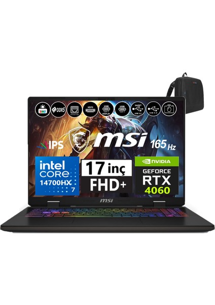 Nb Sword 17 Hx Intel Core I7-14700HX 24GB Ddr5 512GB SSD 8GB/RTX4060 115W Freedos 17" 165Hz Fhd+ Taşınabilir Bilgisayar SWB14VFKG-052XTR01+WEBLEGELSINÇANTA