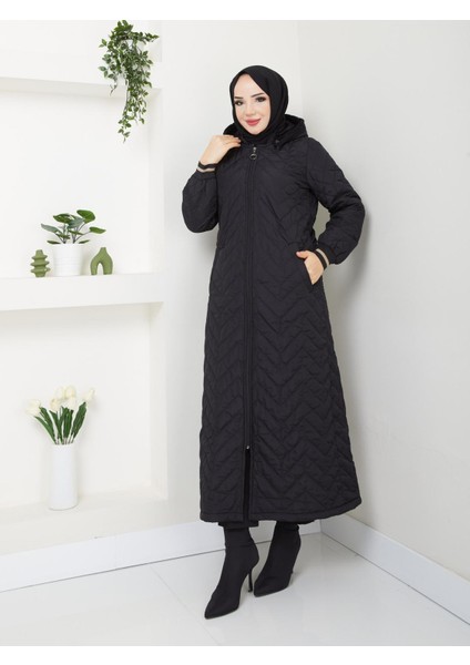 Nermin Büyük Beden Kadın Tesettür Içi Kürklü Tam Boy Kapitone Mont