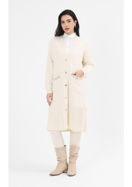 Kadın Ekru Piliseli Uzun Hırka