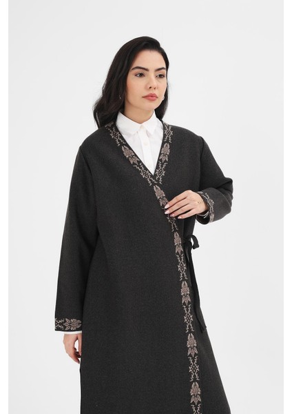 Kadın Antrasit Etnik Desenli Kimono modelleri