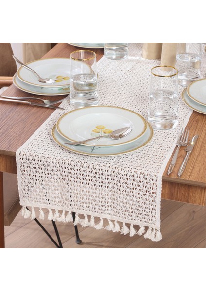 Soft Dantel Örgü Runner - Bej - 35X145 cm