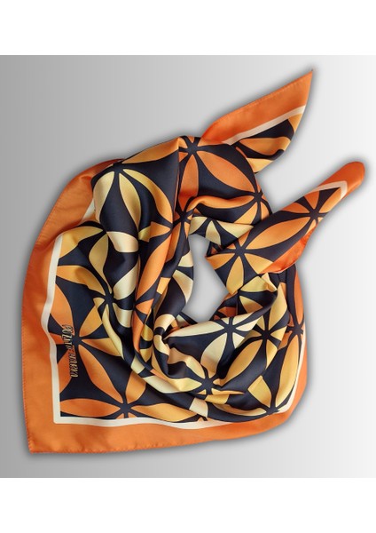 Turuncu Eşarp Ipeksi Twill Saten Kumaş Yaşam Çiçeği Desenli