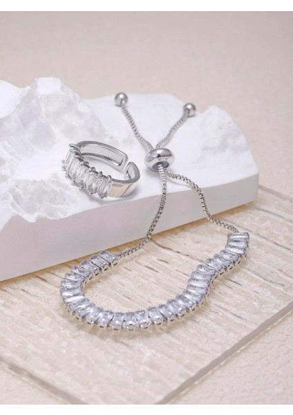 SE Jewellery Gümüş Baget Su Yolu Şık Asansörlü Bileklik Yüzük Seti