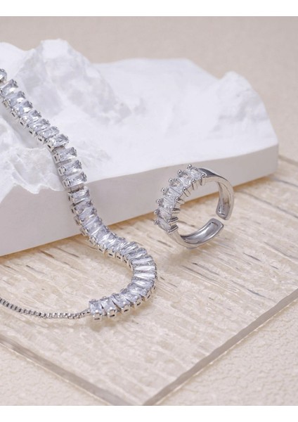 SE Jewellery Gümüş Baget Su Yolu Şık Asansörlü Bileklik Yüzük Seti