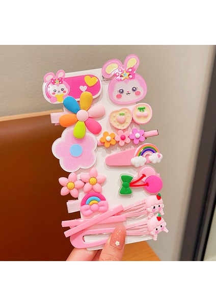 Kız Tokası Saç Tokası Çocuk Dekorasyonu Pembe Çiçek Sevimli Tavşan 14 Parçalı Set (Yurt Dışından)