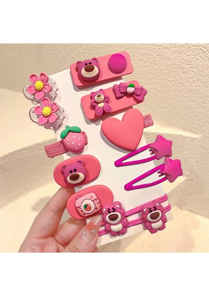 Kızlar Saç Aksesuarları Tokası ile Sevimli Karikatür Kız Süslemeleri Çilek Ayı Beş Yapraklı Çiçek 12 Parçalı Set (Yurt Dışından)