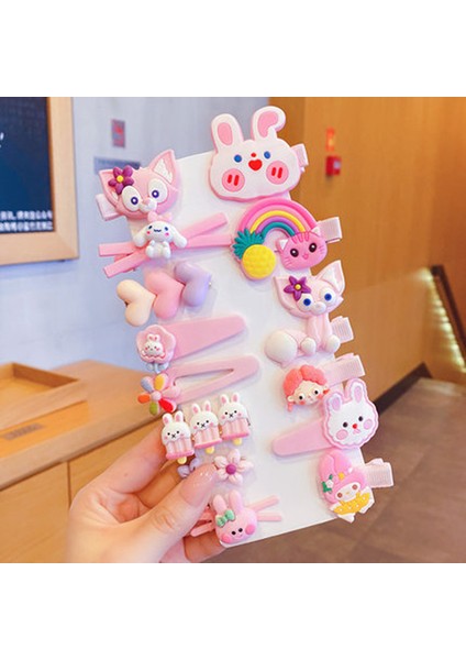 Karikatür Kız Saç Tokası Tokası Saç Aksesuarları Pembe Tavşan 14 Parçalı Set (Yurt Dışından)