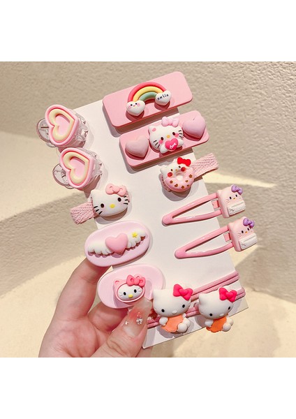 Kızlar Saç Aksesuarları Tokası ile Sevimli Karikatür Kız Süslemeleri Pembe Aşk Kedi 12 Parçalı Set (Yurt Dışından)