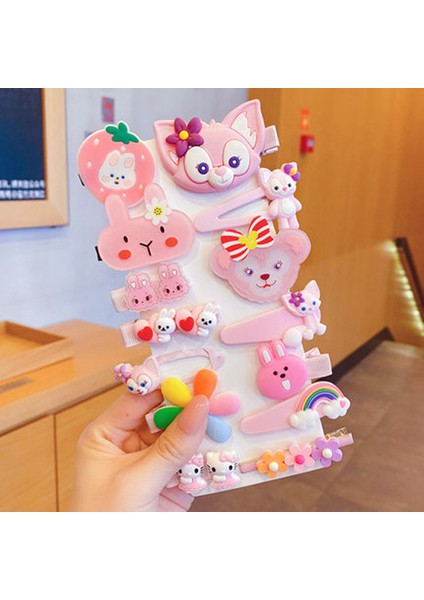 Karikatür Kız Saç Tokası Tokası Saç Aksesuarları Pembe Çan 14 Parçalı Set (Yurt Dışından)