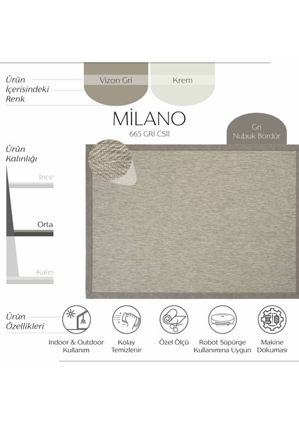 Cool Halı Milano 665 Gri Hasır Dokulu Salon Halısı Antre Hol Halısı Bordürlü Mutfak Halısı Kesme Halı Yolluk