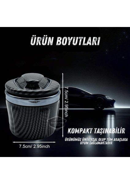 Üniversal Porselen Yanmaz Koku Geçirmez Mavi Işıklı Lüx Oto Küllük Dumansız Kapaklı Spor Araç Içi Küllük Araba Küllüğü Karbon Gümüş