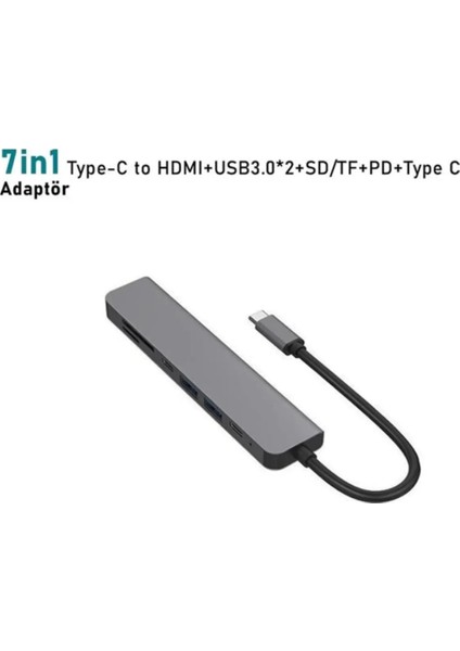 Macbook Pro Huawei Dell Uyumlu Type C To 4K Hdmı+Usb3.0+Sd/tf+Pd+Type-C, Taşınabilir 7in1 Adaptör