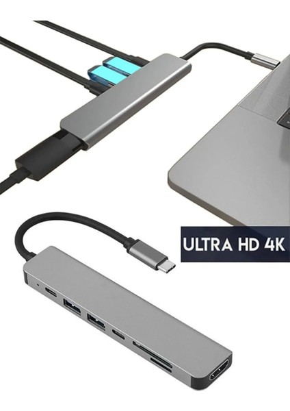 Macbook Pro Huawei Dell Uyumlu Type C To 4K Hdmı+Usb3.0+Sd/tf+Pd+Type-C, Taşınabilir 7in1 Adaptör