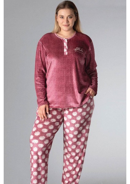 Büyük Beden Battal Kadife Uzun Kol Pijama Takımı Flz B09-153