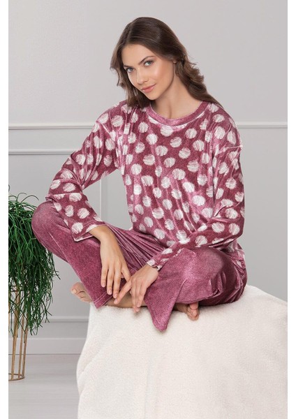 Kadife Uzun Kol Desenli Yumuşak Kışlık Şık Zarif Pijama Takım Dowry 09-152