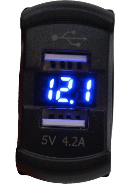 12V-24V Dijital Voltmetre+Şarj Cihazlı (Usb x 2) (4.2A) (Anahtar Tipi) (Mavi Işık)