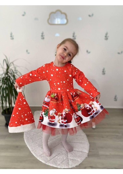 Kız Çocuk Kırmızı Şapkalı Noel Yılbaşı Yeni Yıl Temalı Noel Elbise 2517 modelleri