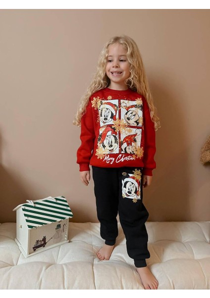 Kız Çocuk 3 Iplik Yılbaşı Temalı Şardonlu Alt Üst Eşofman Takımı 1602