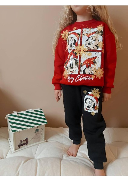 Kız Çocuk 3 Iplik Yılbaşı Temalı Şardonlu Alt Üst Eşofman Takımı 1602 modelleri