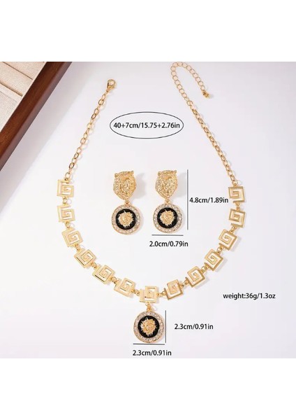 SE Jewellery Kadın Gold Aslan Kafası Motifli Zincir Desenli Kolye Küpe Set