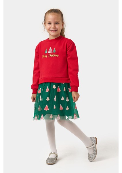 Ağaç Baskı Yılbaşı Konsept Kız Çocuk etekli takım - Kırmızı