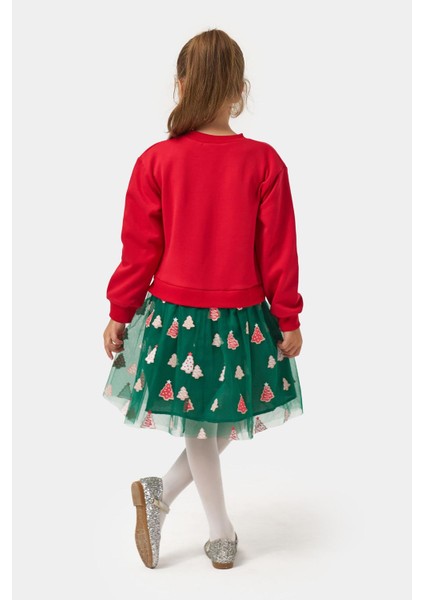 Ağaç Baskı Yılbaşı Konsept Kız Çocuk etekli takım - Kırmızı fiyatları