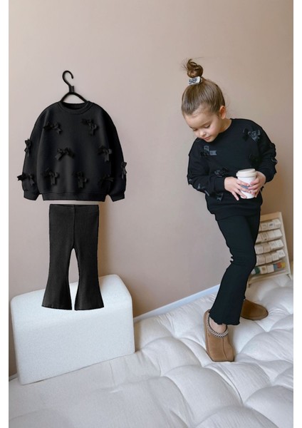 Fiyonk Detaylı Kız Çocuk 2 li takım - Siyah