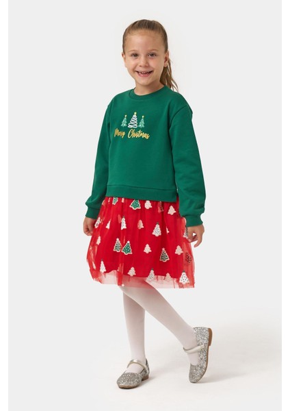 Ağaç Baskı Yılbaşı Konsept Kız Çocuk etekli takım - Yeşil
