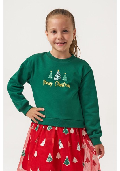 Ağaç Baskı Yılbaşı Konsept Kız Çocuk etekli takım - Yeşil modelleri
