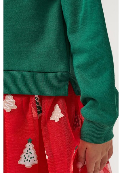 Ağaç Baskı Yılbaşı Konsept Kız Çocuk etekli takım - Yeşil indirimleri