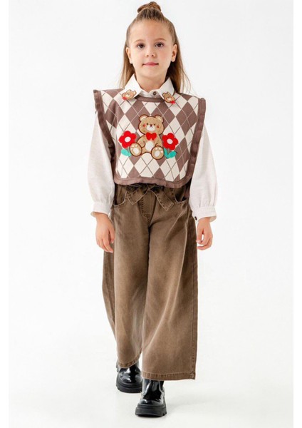 Ayıcık Detaylı Triko Süeterli Kız Çocuk 3 lü takım - Kahverengi