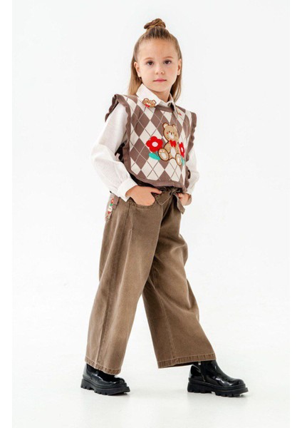 Ayıcık Detaylı Triko Süeterli Kız Çocuk 3 lü takım - Kahverengi fiyatları