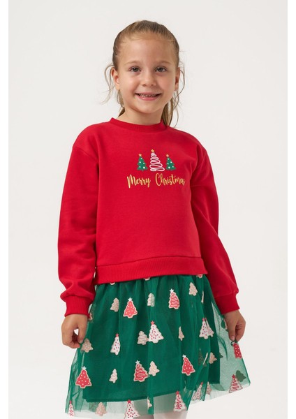 Ağaç Baskı Yılbaşı Konsept Kız Çocuk etekli takım - Kırmızı modelleri
