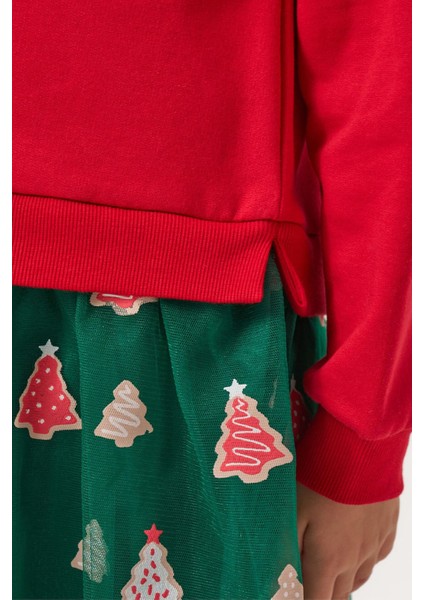 Ağaç Baskı Yılbaşı Konsept Kız Çocuk etekli takım - Kırmızı indirimleri