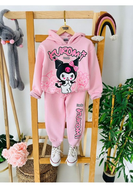 Crm Desenli Kapüşonlu Kız Çocuk 2 li takım - Şeker Pembe