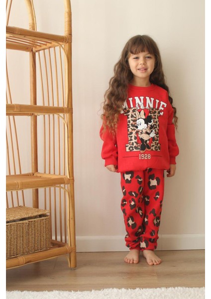Mnn Leopar Detaylı Kışlık Kız Çocuk 2 li takım - Kırmızı